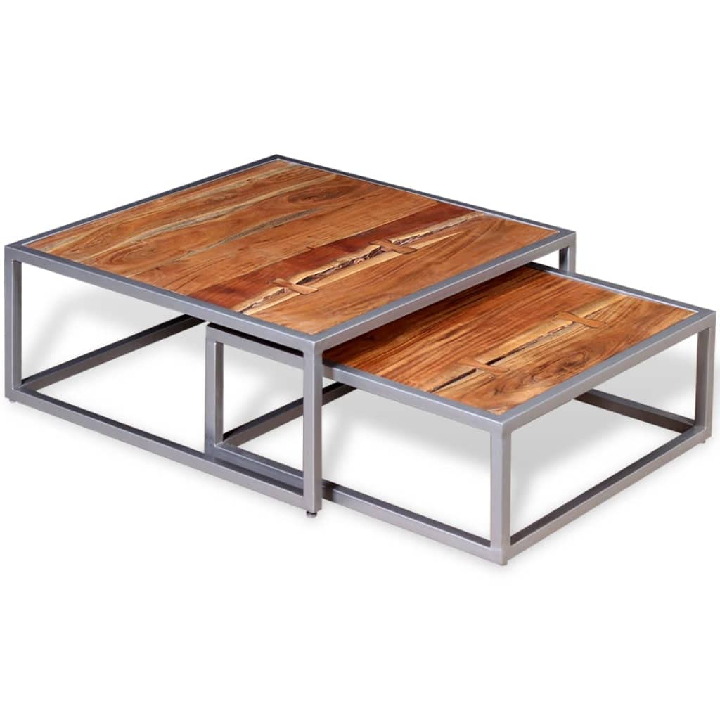 Brown Solid Acacia Wood & Grey Steel Square Coffee Table Set of 2 L124579