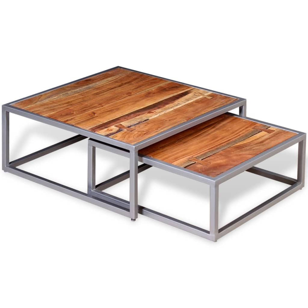 Brown Solid Acacia Wood & Grey Steel Square Coffee Table Set of 2 L124579