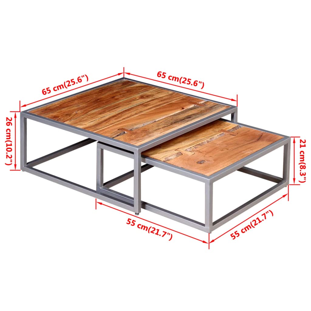 Brown Solid Acacia Wood & Grey Steel Square Coffee Table Set of 2 L124579