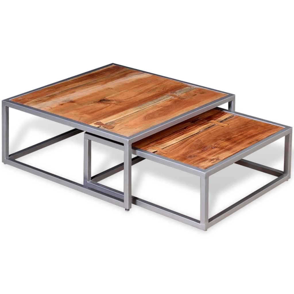 Brown Solid Acacia Wood & Grey Steel Square Coffee Table Set of 2 L124579