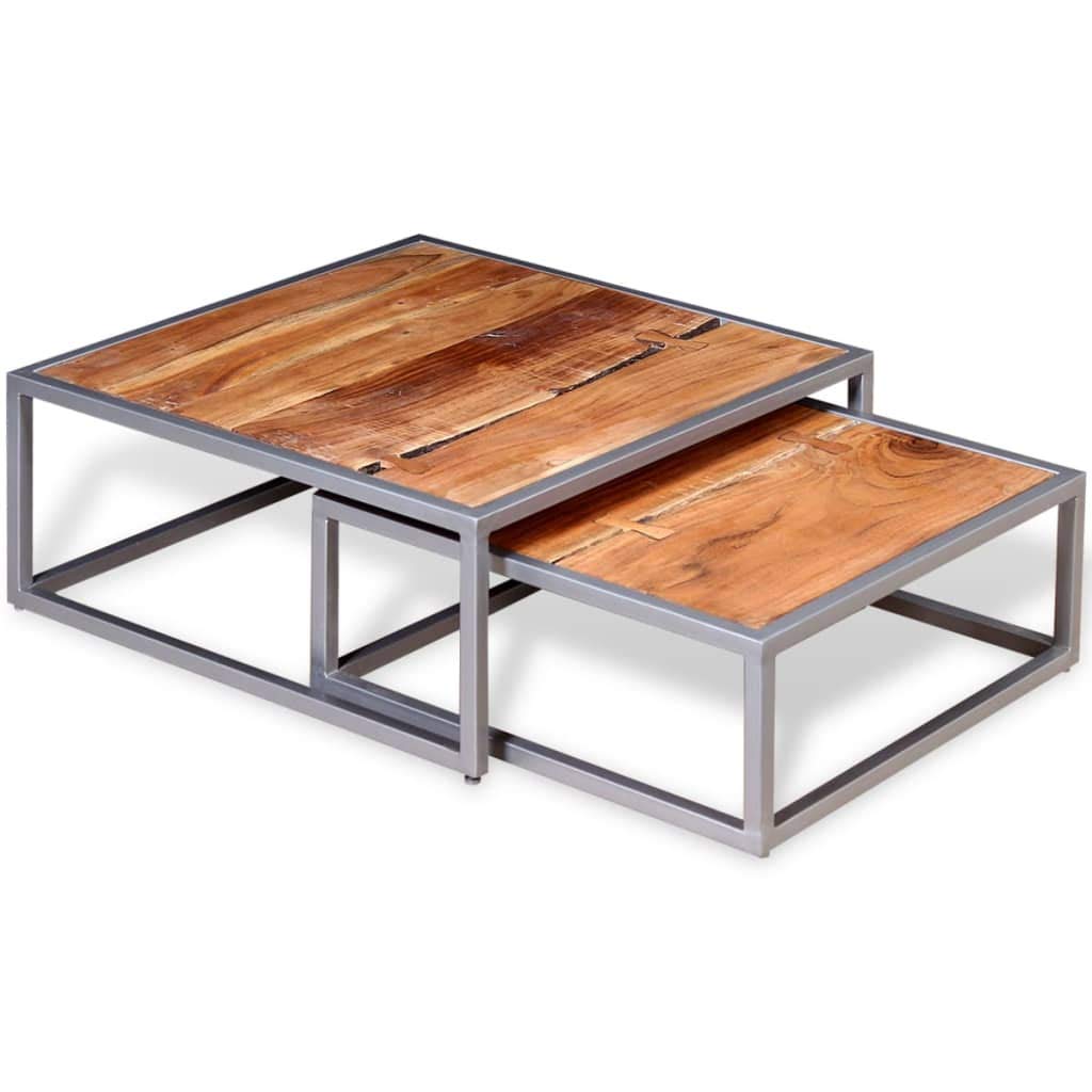 Brown Solid Acacia Wood & Grey Steel Square Coffee Table Set of 2 L124579