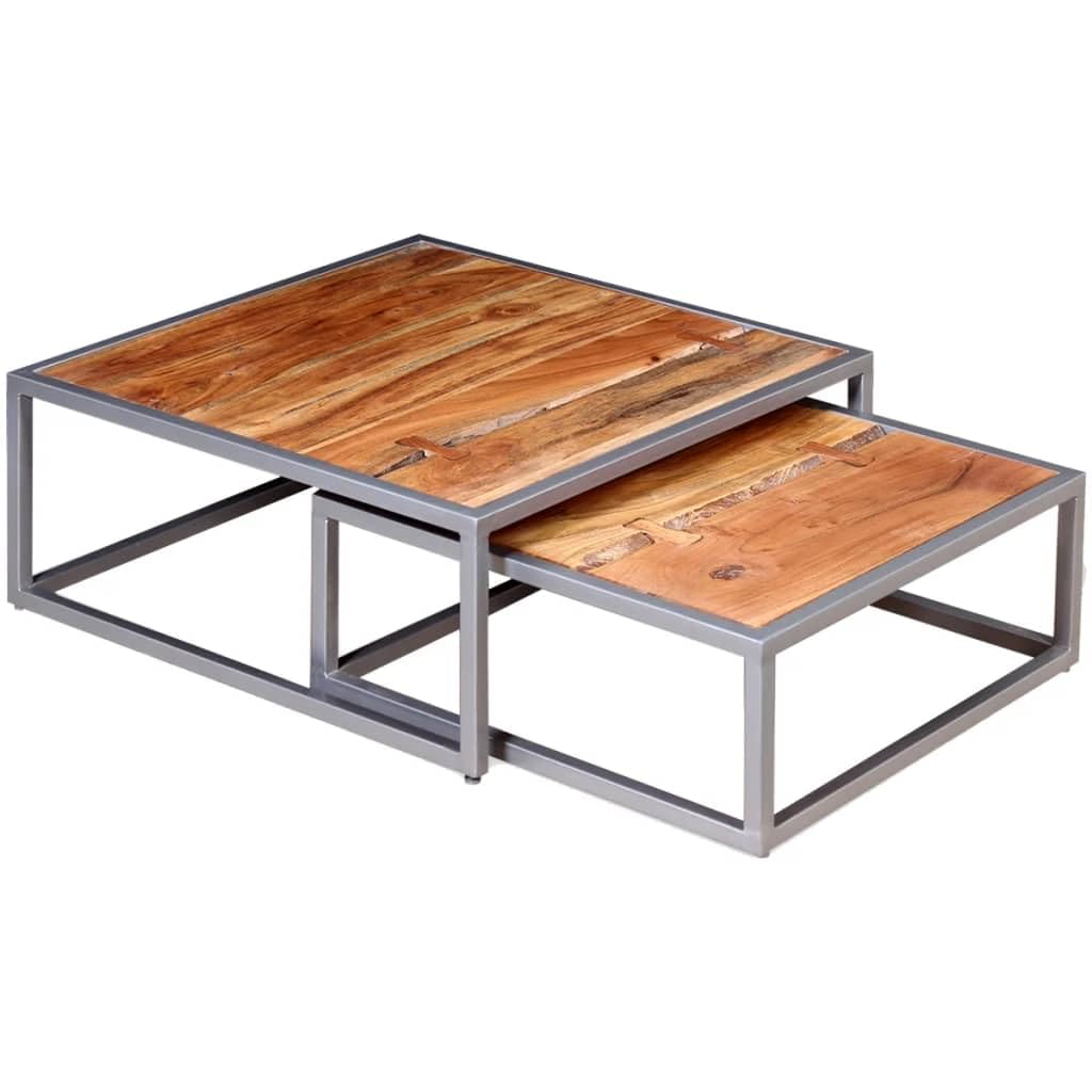 Brown Solid Acacia Wood & Grey Steel Square Coffee Table Set of 2 L124579
