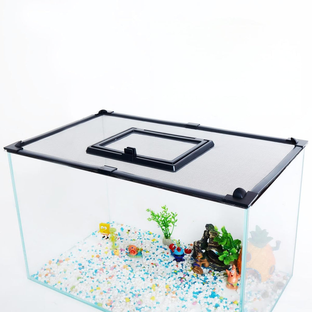 Magnetic Fish Tank Cover with Feeding Window Dark Grey Frame Grey Fiberglass Net C83622