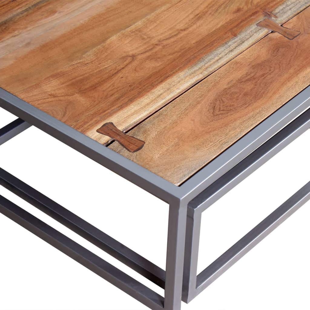 Brown Solid Acacia Wood & Grey Steel Square Coffee Table Set of 2 L124579