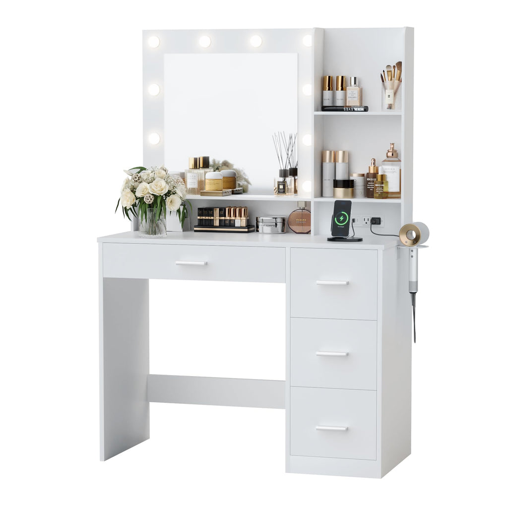 White Vanity Desk with Lighted Mirror and 4 Drawers I14871