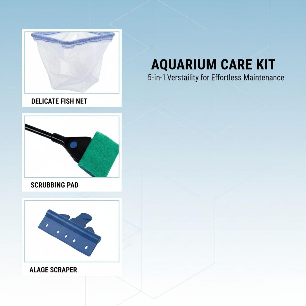 5-in-1 Aquarium Cleaning Kit with Algae Scraper Gravel Rake Fish Net L754030