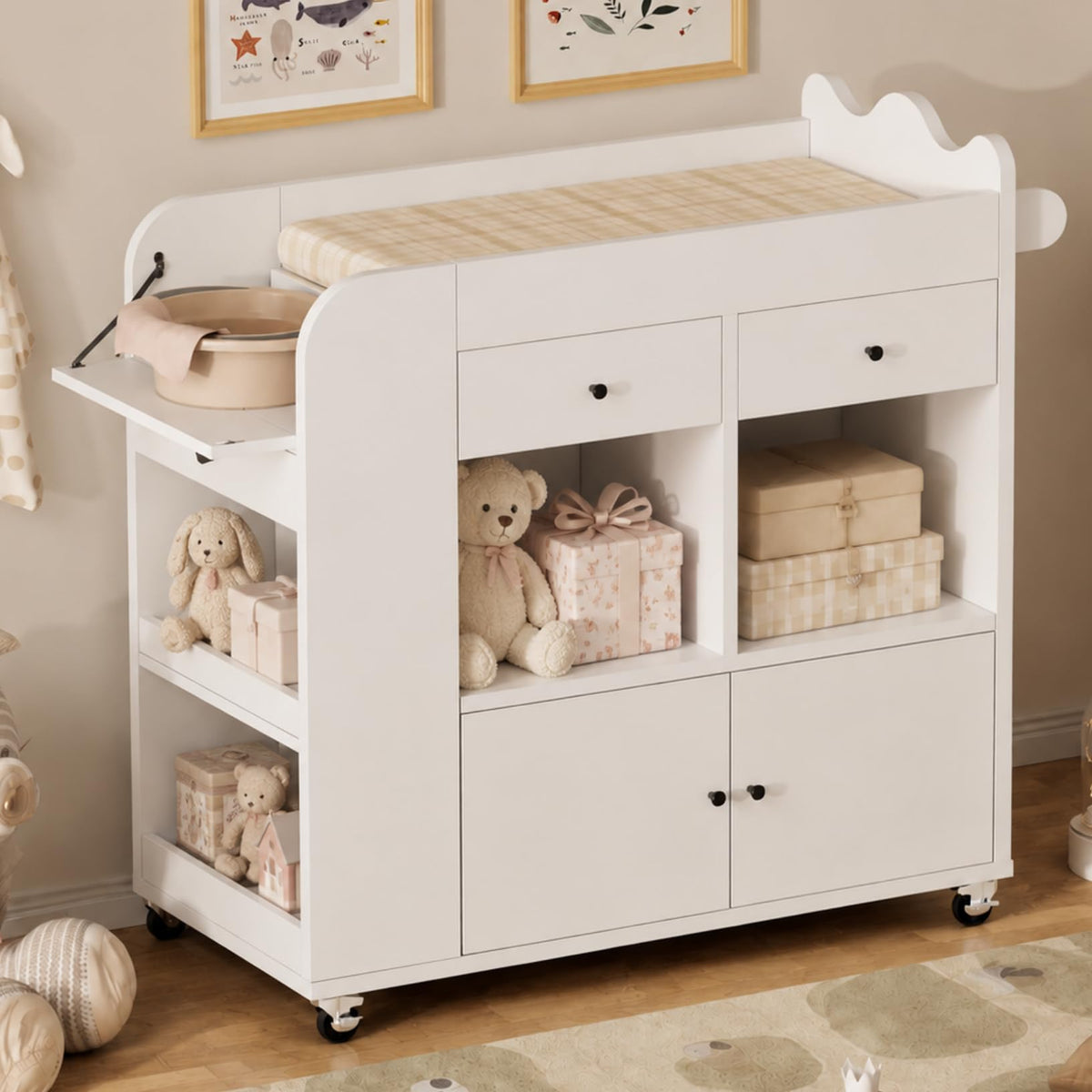 White 2 Drawer Baby Changing Table with Wheels O211