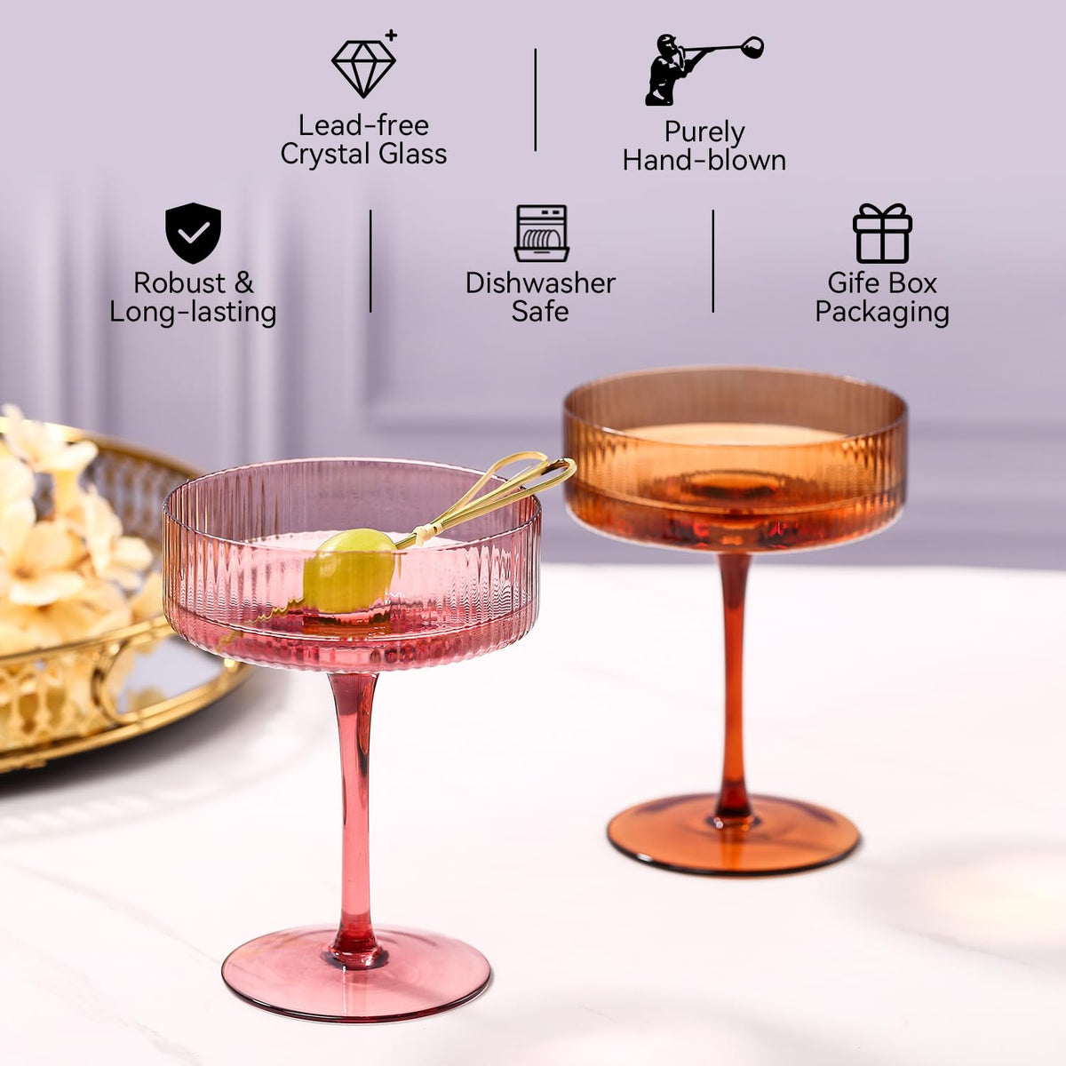Colored Coupe Glasses Set of 6, 9 oz Cocktail Glasses R47270