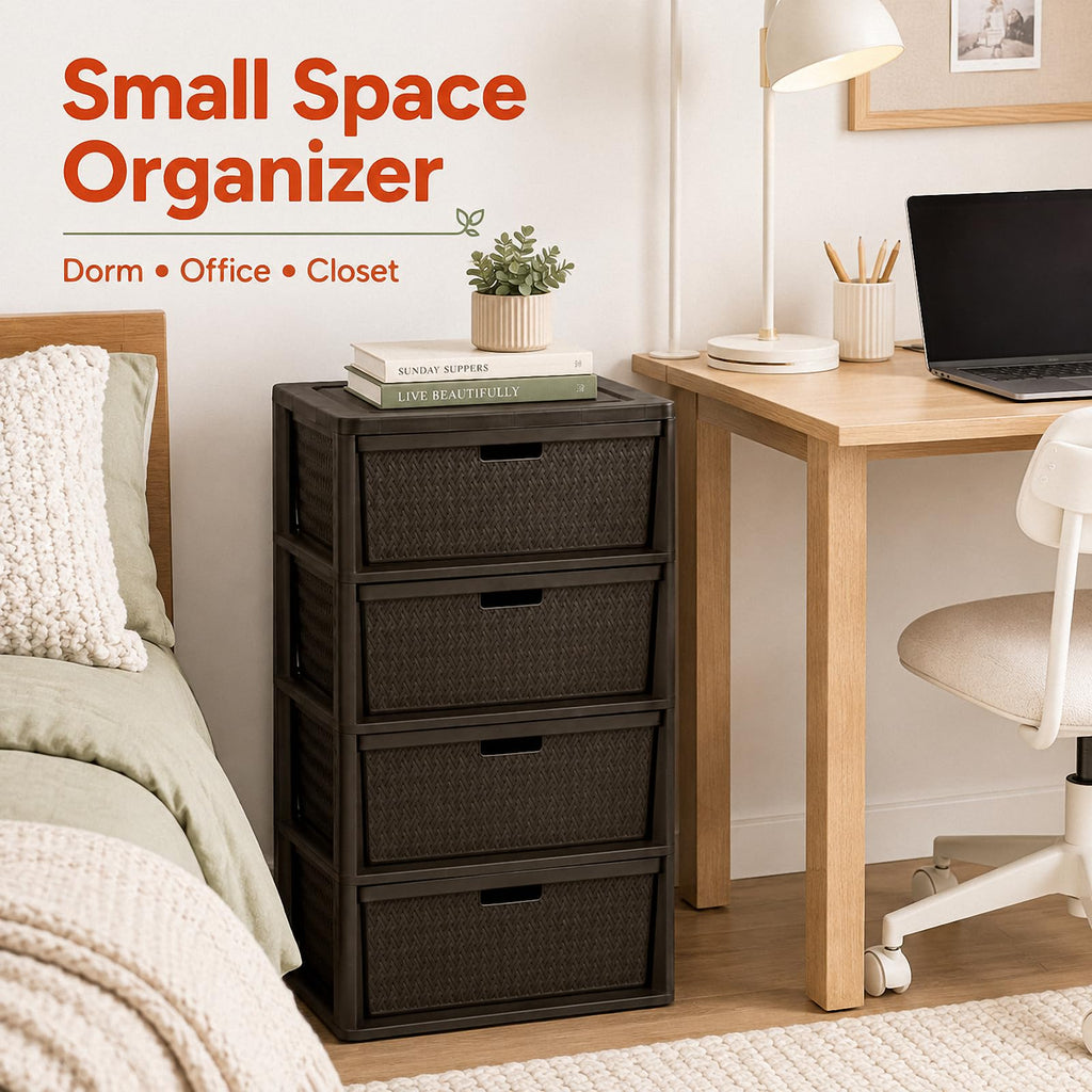 Brown 4 Drawer Plastic Storage Tower P404104