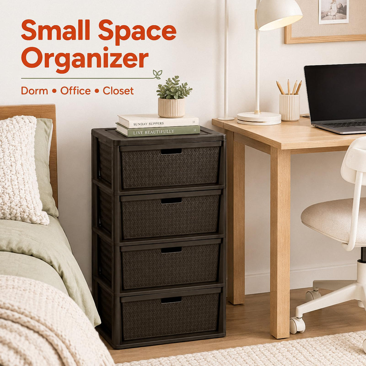 Brown 4 Drawer Plastic Storage Tower P404104