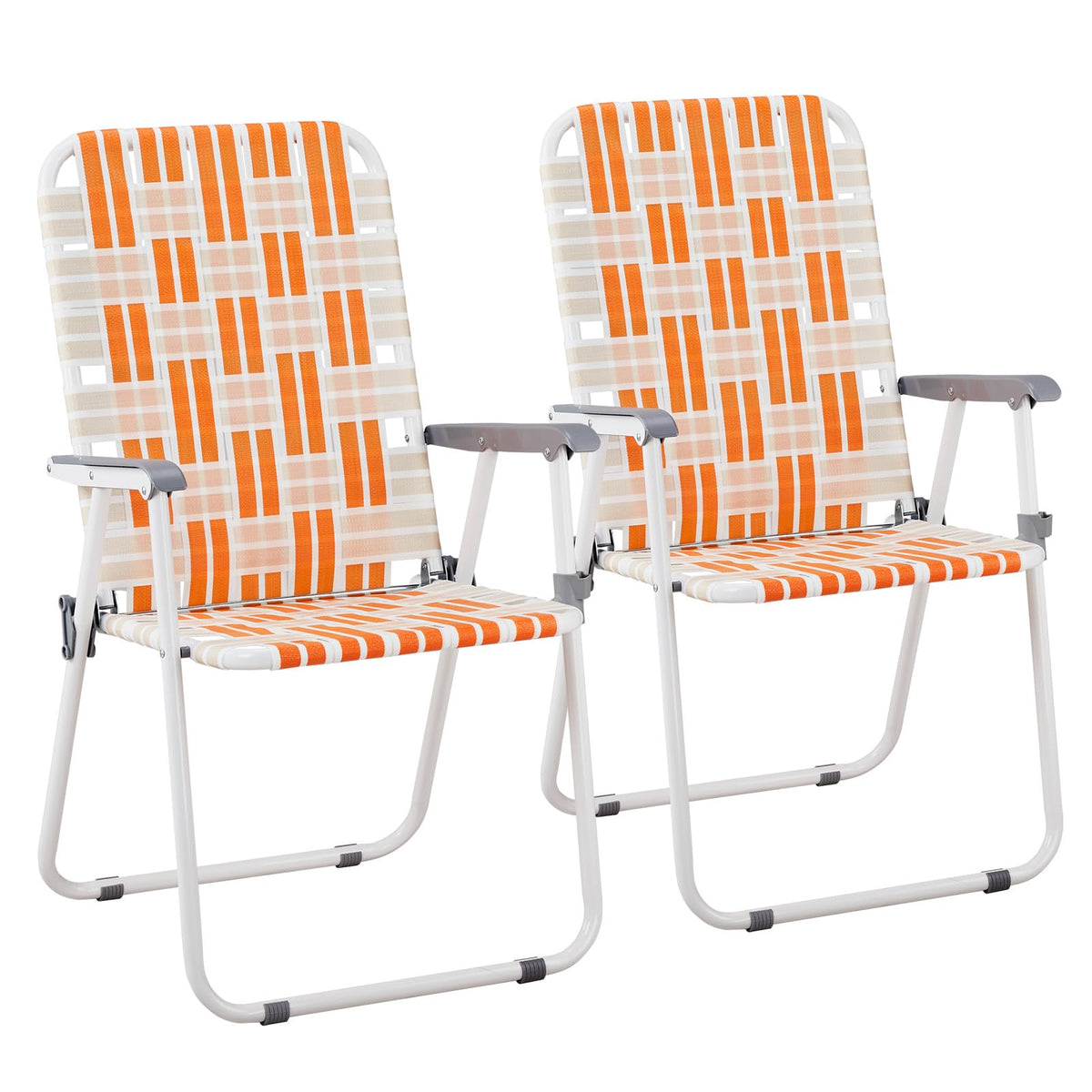Set of 2 Orange and White Webbed Folding Beach Chairs H243