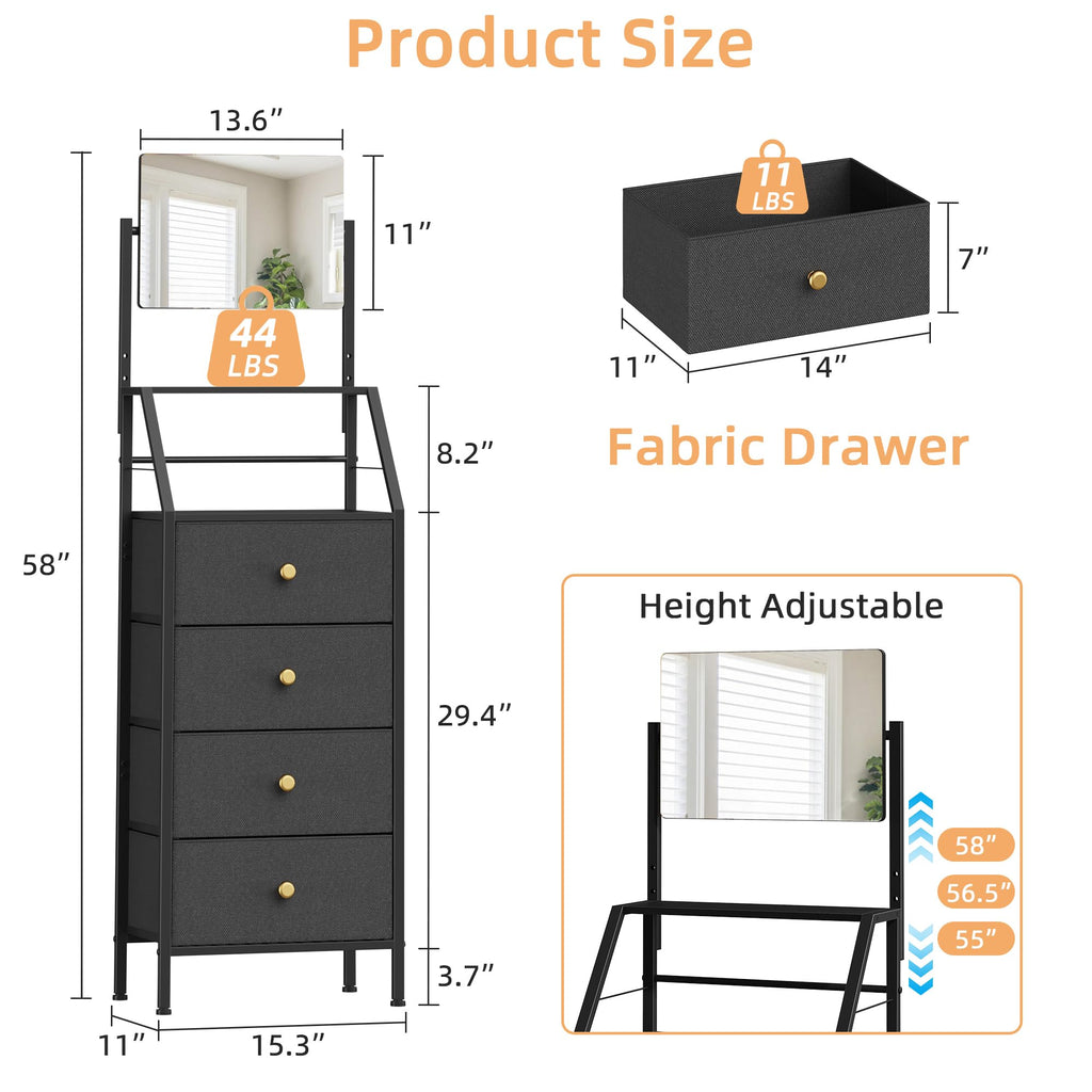 Black 4 Drawer Vanity Dresser with Adjustable Mirror R225