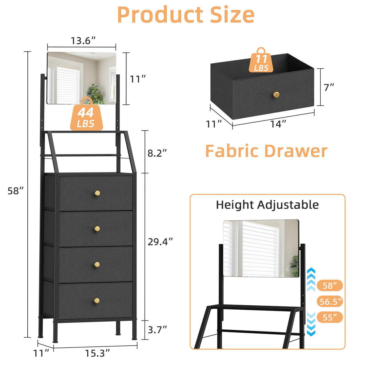 Black 4 Drawer Vanity Dresser with Adjustable Mirror R225