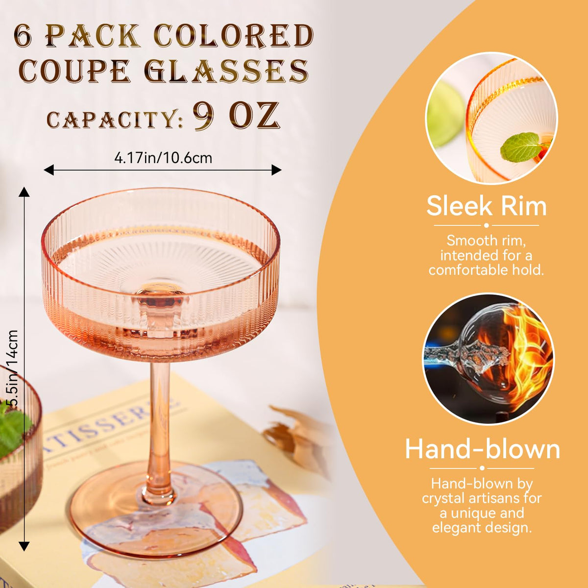 Colored Coupe Glasses Set of 6, 9 oz Cocktail Glasses R47270
