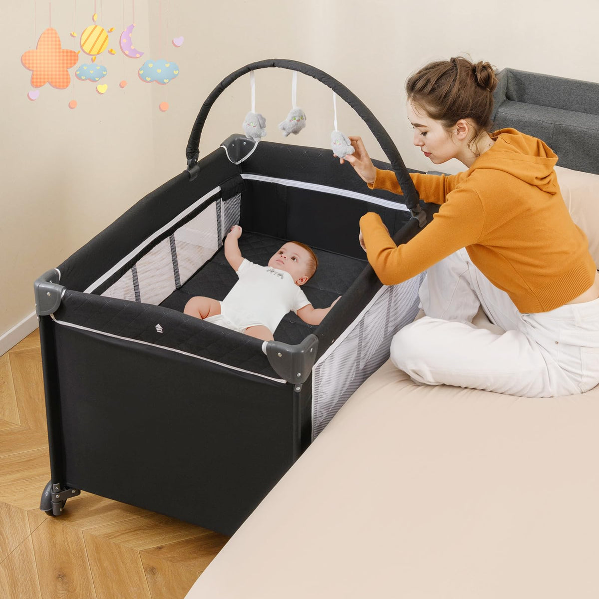 4 in 1 Folding Playpen with Bassinet and Carry Bag Z386317