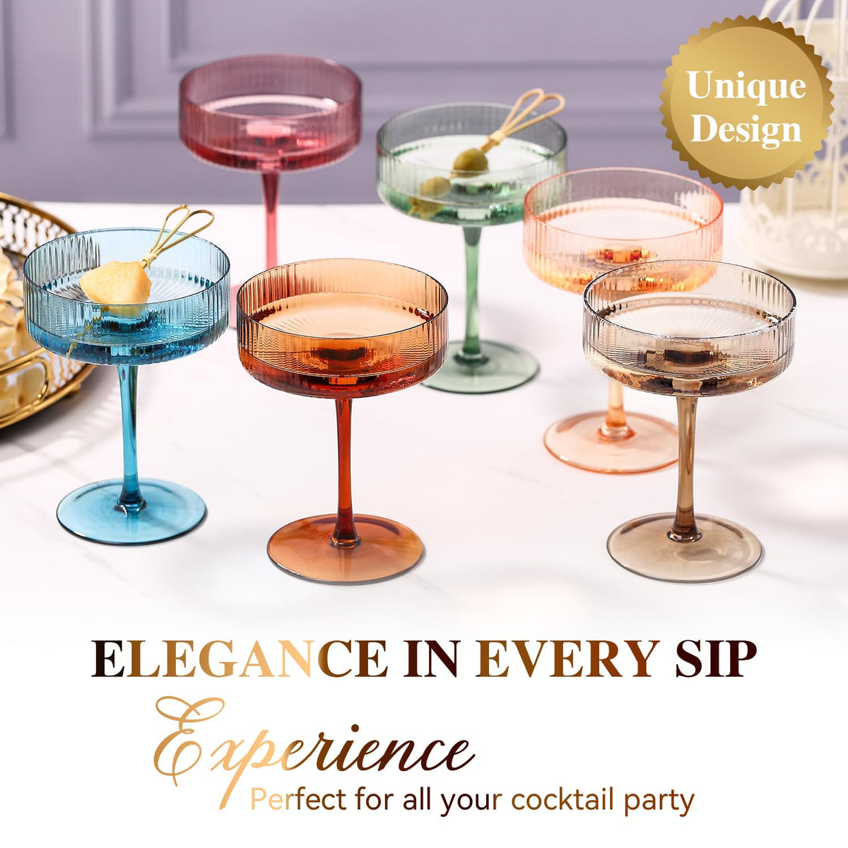 Colored Coupe Glasses Set of 6, 9 oz Cocktail Glasses R47270