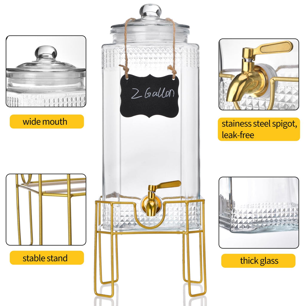 2 Gallon Drink Dispenser with Stand, Glass Lid and Stainless Steel Spigot R3494