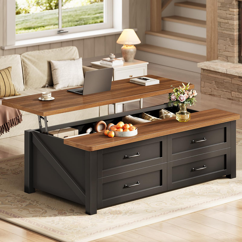 47.2" Lift Top Coffee Table with Storage, 4 Wood Drawers R8263