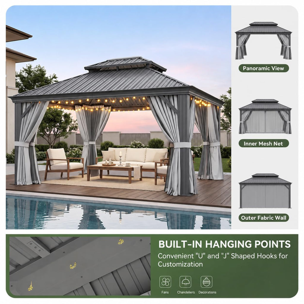 10x14 FT Hardtop Gazebo with Galvanized Steel Double Roof and Aluminum Frame R85585
