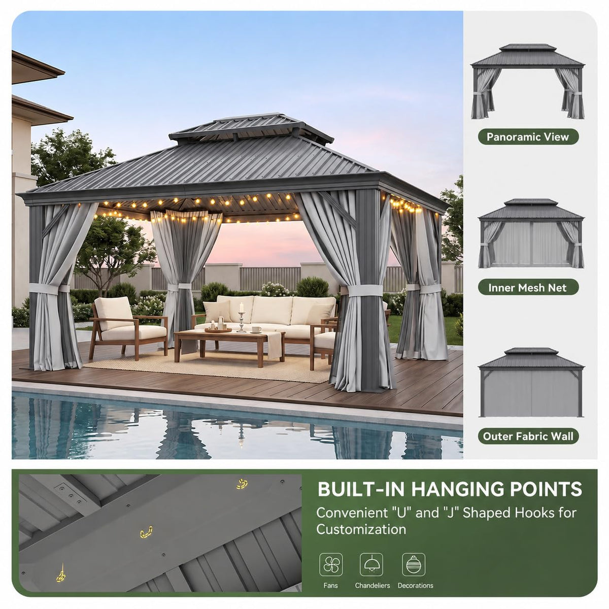 10x14 FT Hardtop Gazebo with Galvanized Steel Double Roof and Aluminum Frame R85585
