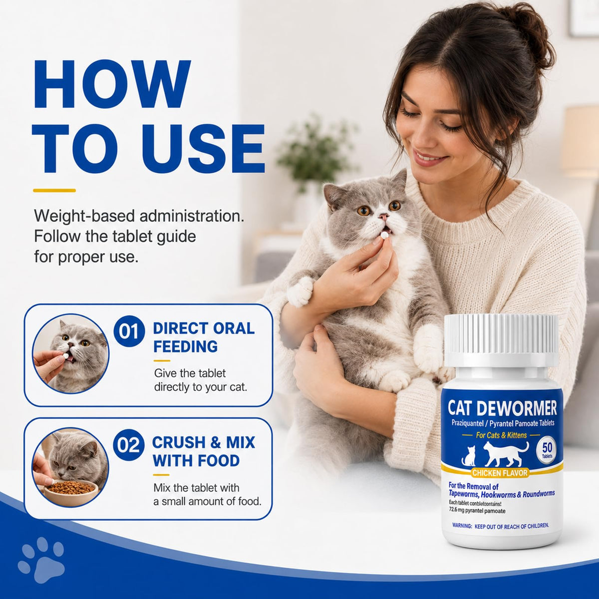 Cat Dewormer Tablets for Tapeworms, Roundworms and Hookworms W1790