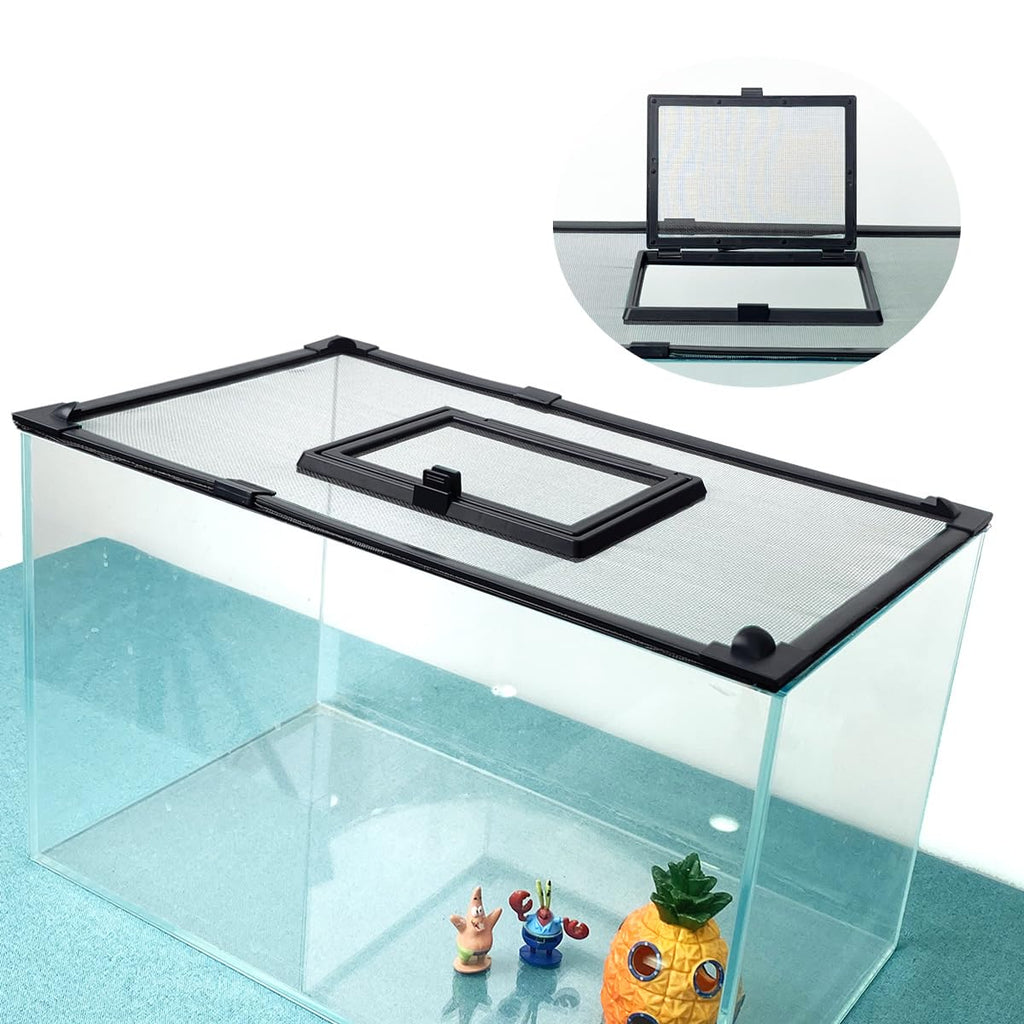 Magnetic Fish Tank Cover with Feeding Window Dark Grey Frame Grey Fiberglass Net C83622