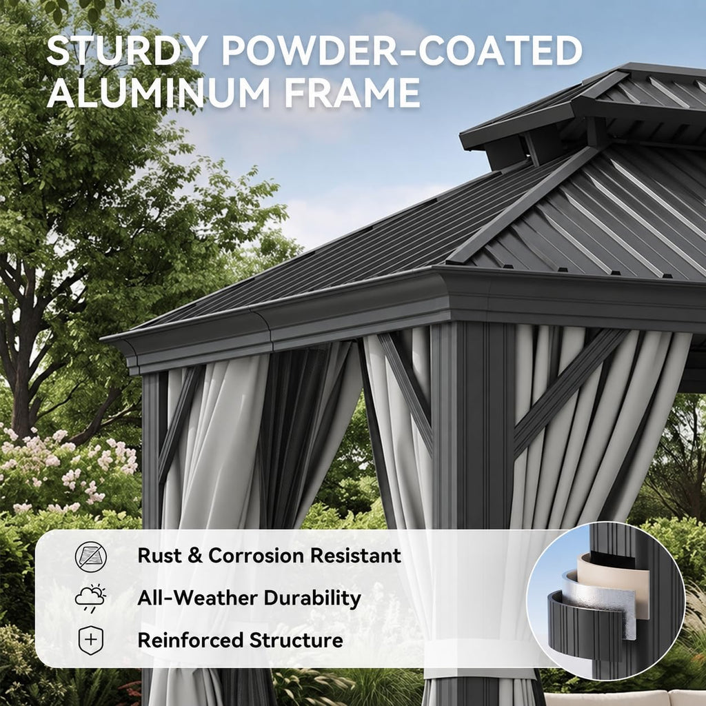 10x14 FT Hardtop Gazebo with Galvanized Steel Double Roof and Aluminum Frame R85585