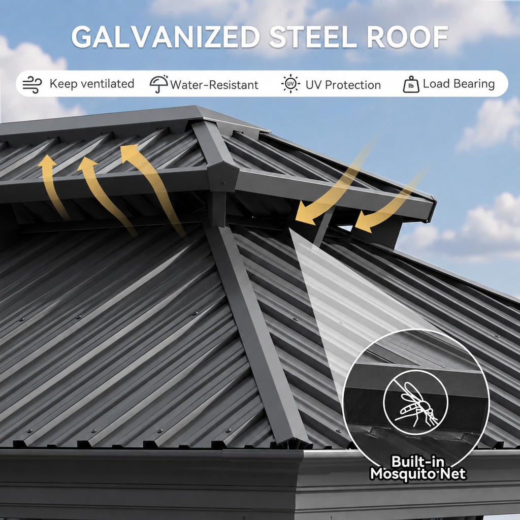 10x14 FT Hardtop Gazebo with Galvanized Steel Double Roof and Aluminum Frame R85585