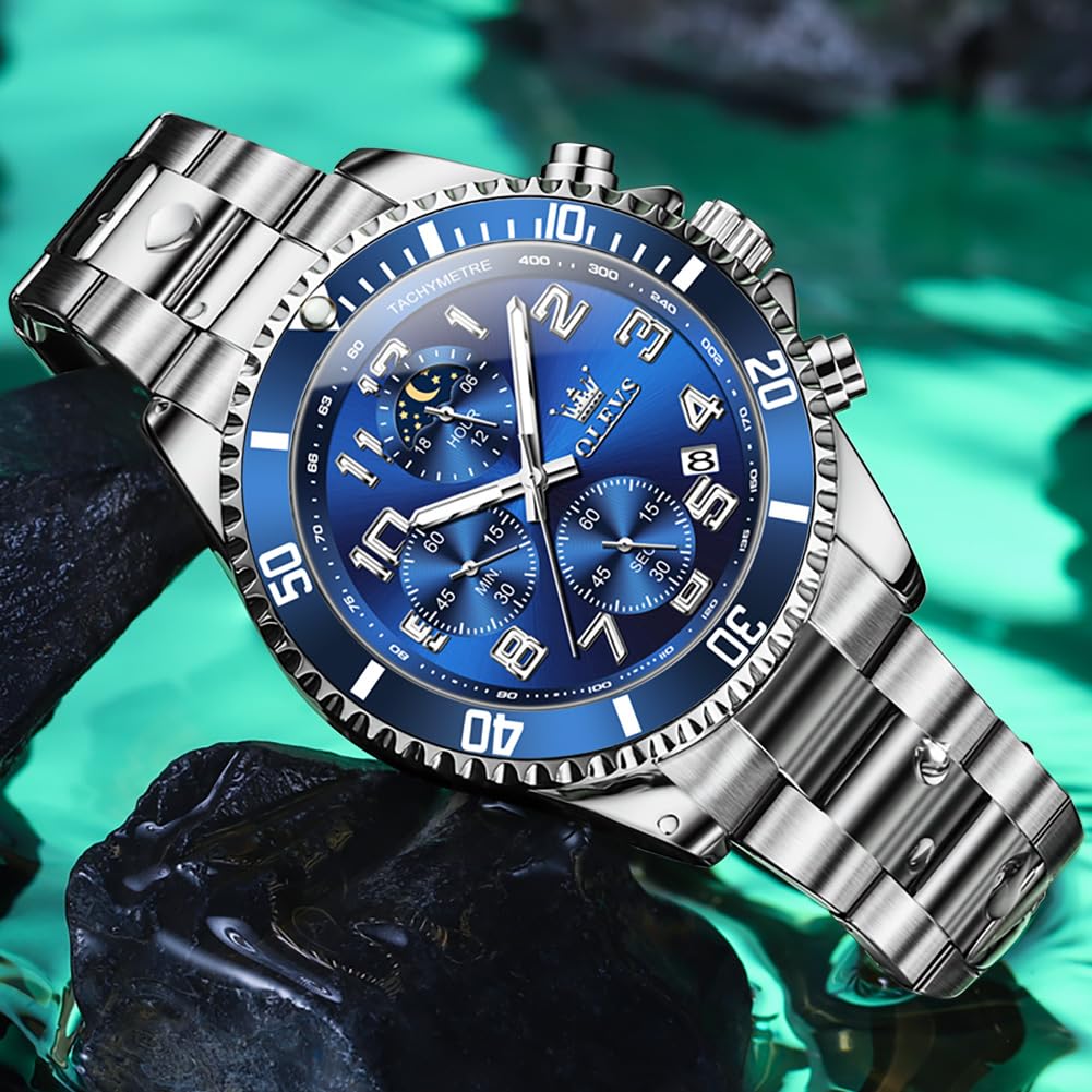 Mens Chronograph Moon Phase Two Tone Stainless Steel Waterproof Luminous Wrist Watch U918