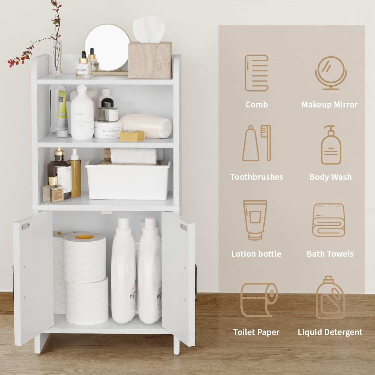 White Small Bathroom Storage Cabinet with 2 Doors and Shelves R692