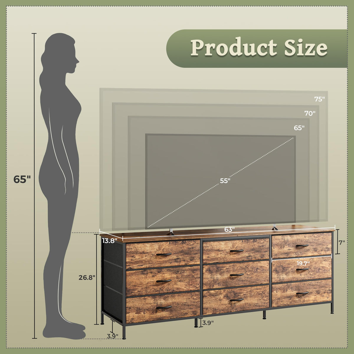 63 Inch 9 Fabric Drawer Dresser A240438
