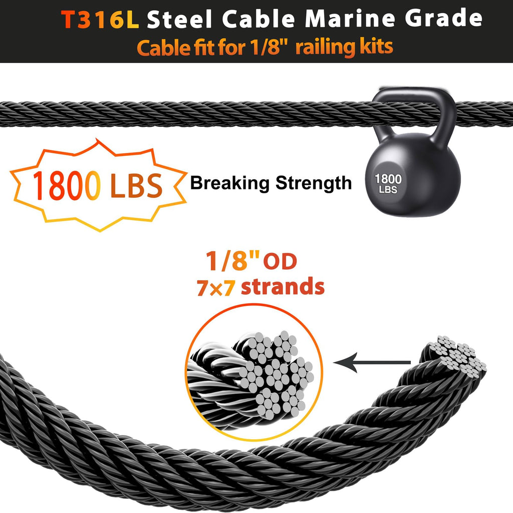 Black Stainless Steel Cable for Railing 220FT 1/8" T316 Wire Rope Y84133