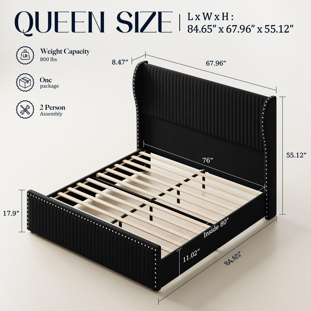 Queen Size Bed Frame with 55" Headboard Black O742