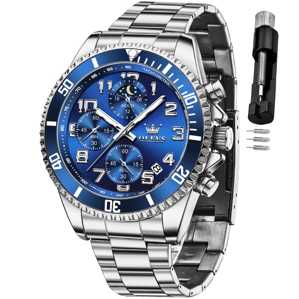 Mens Chronograph Moon Phase Two Tone Stainless Steel Waterproof Luminous Wrist Watch U918