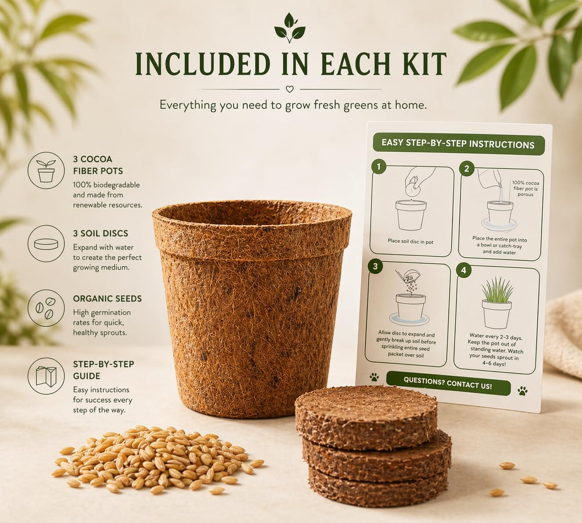 Organic Cat Grass Growing Kit 3 Pack with Soil Discs Coco Fiber Pots and Seeds Z11893