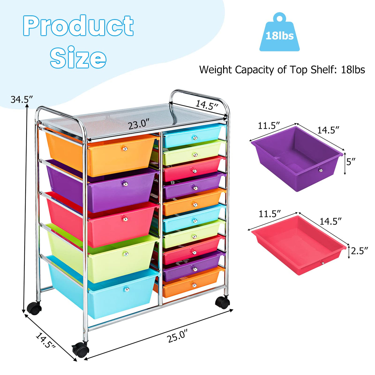 Multicolor 15 Drawer Rolling Storage Cart O365176
