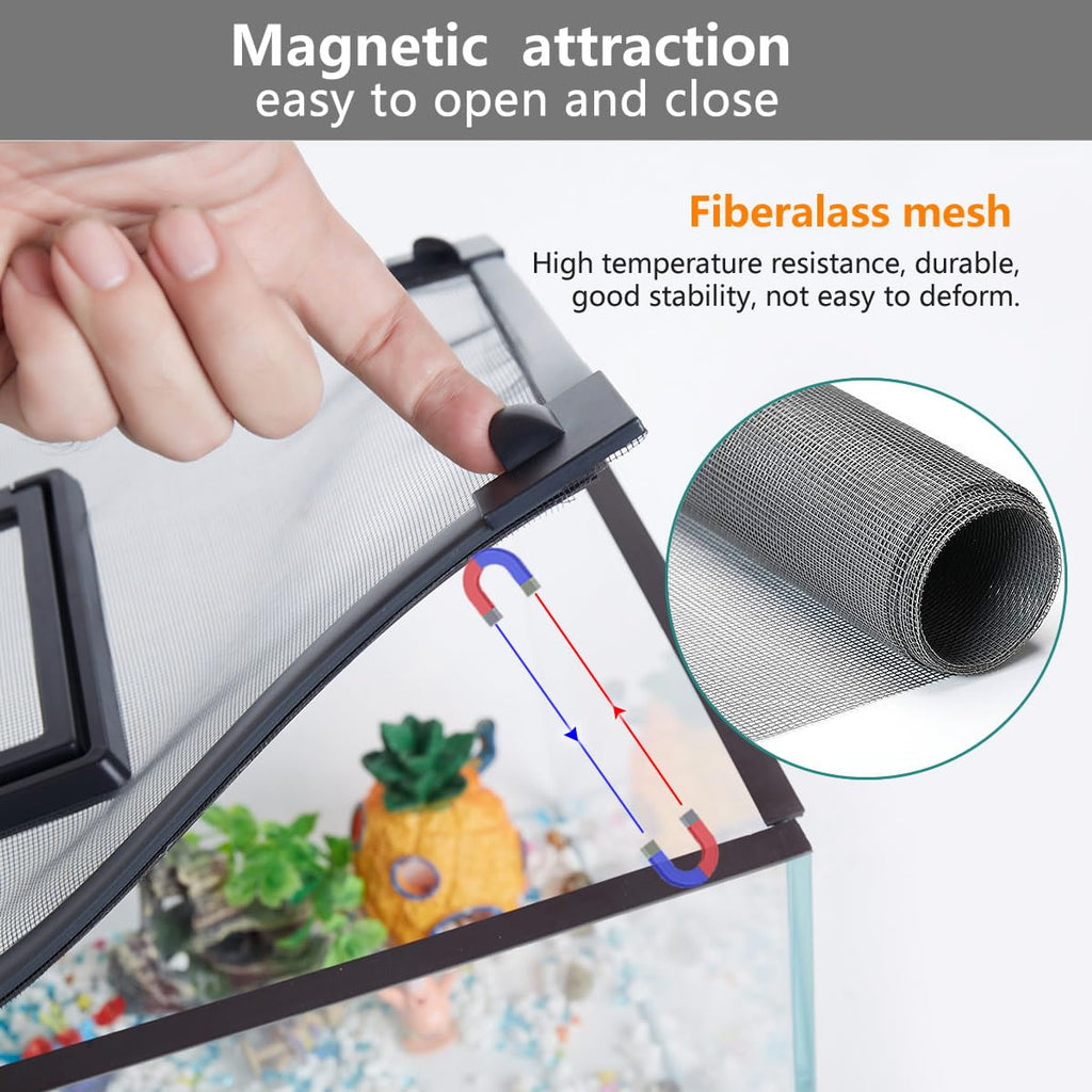 Magnetic Fish Tank Cover with Feeding Window Dark Grey Frame Grey Fiberglass Net C83622