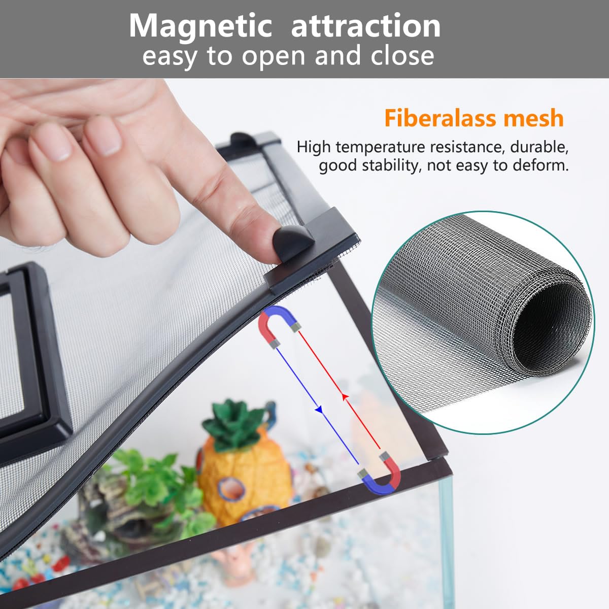 Magnetic Fish Tank Cover with Feeding Window Dark Grey Frame Grey Fiberglass Net C83622
