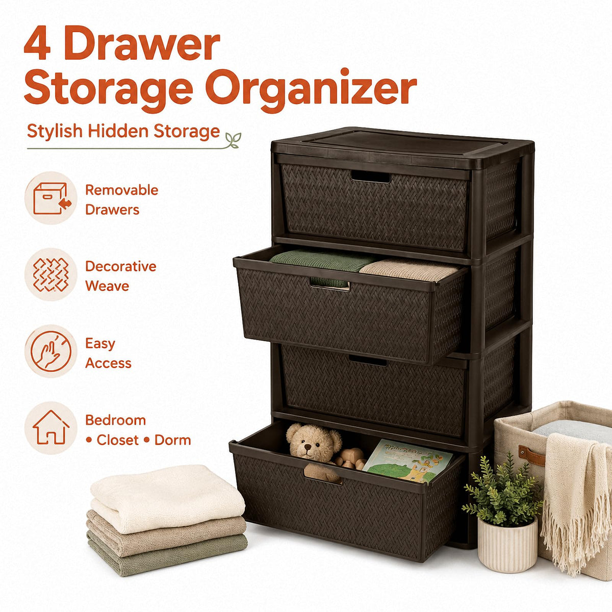 Brown 4 Drawer Plastic Storage Tower P404104