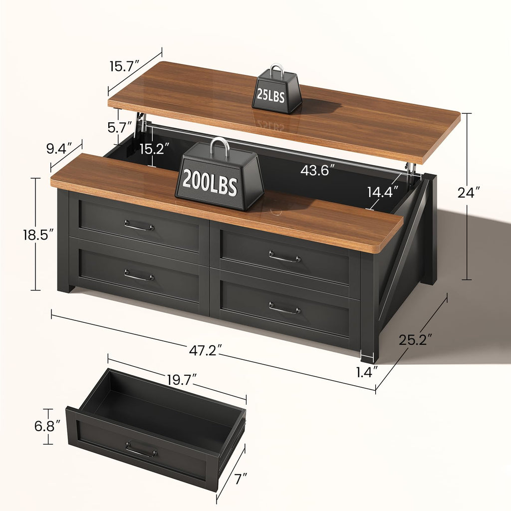 47.2" Lift Top Coffee Table with Storage, 4 Wood Drawers R8263
