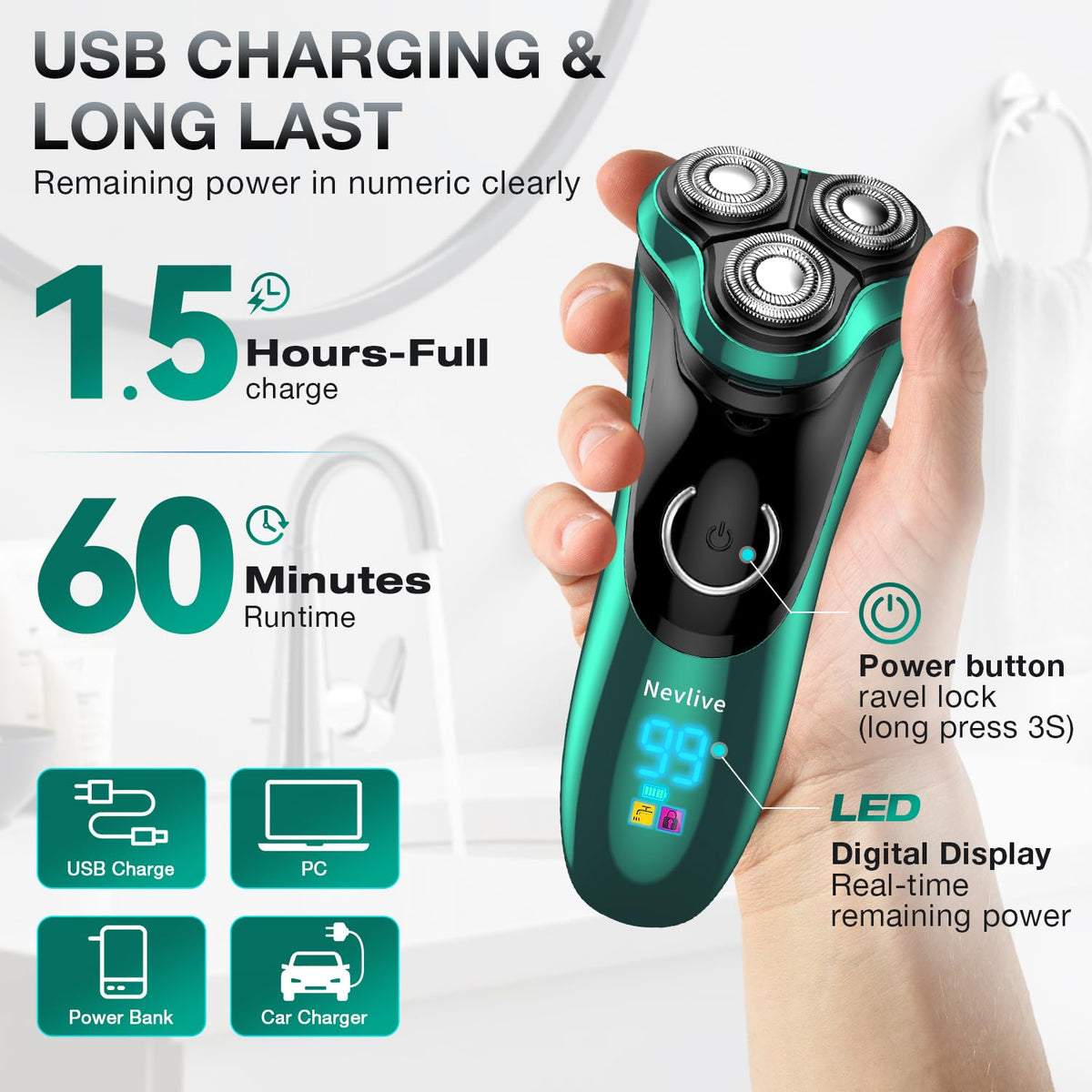 Cordless Rechargeable Rotary Electric Razor with Pop-Up Trimmer F230