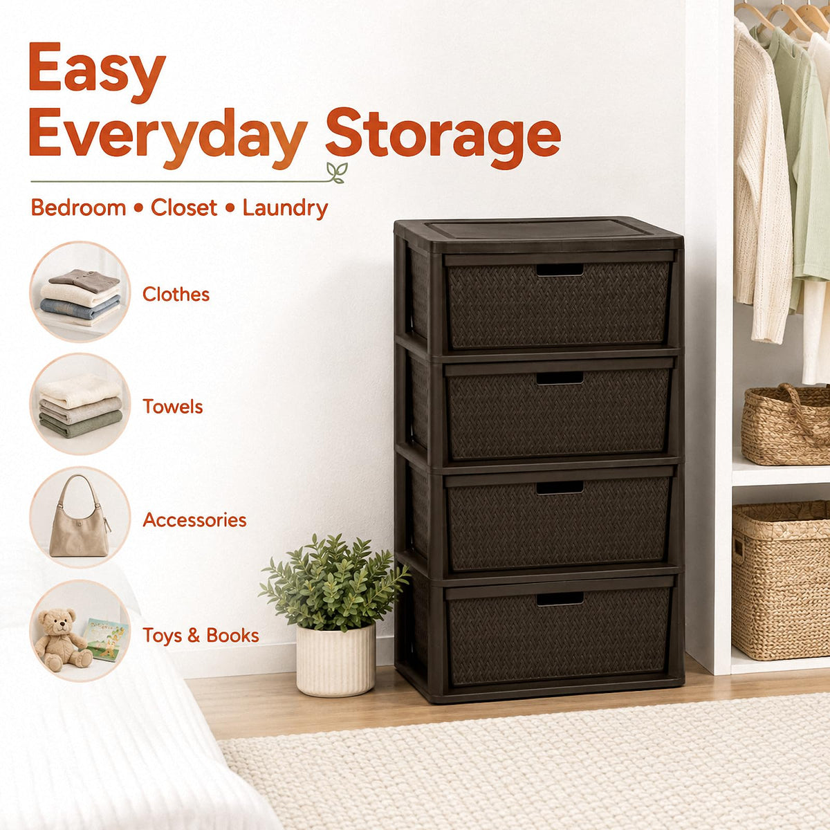 Brown 4 Drawer Plastic Storage Tower P404104