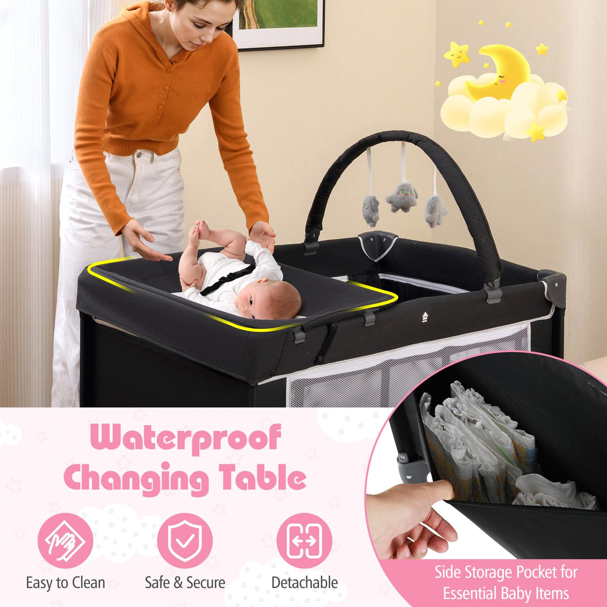 4 in 1 Folding Playpen with Bassinet and Carry Bag Z386317