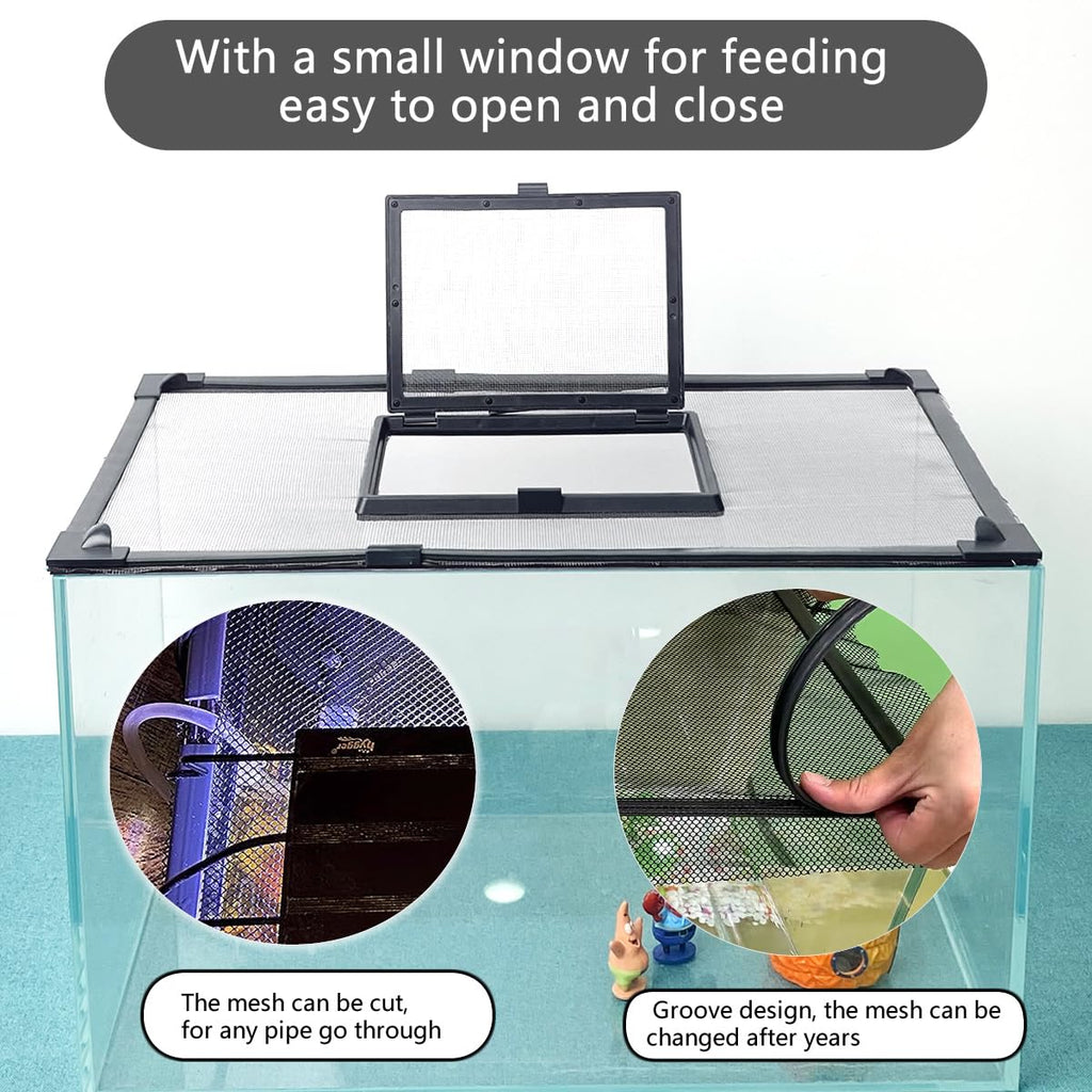 Magnetic Fish Tank Cover with Feeding Window Dark Grey Frame Grey Fiberglass Net C83622
