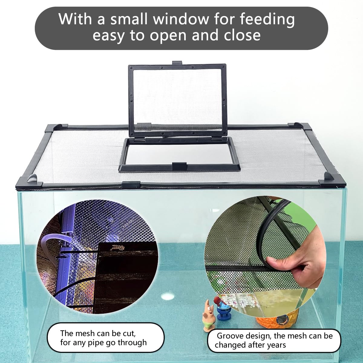Magnetic Fish Tank Cover with Feeding Window Dark Grey Frame Grey Fiberglass Net C83622