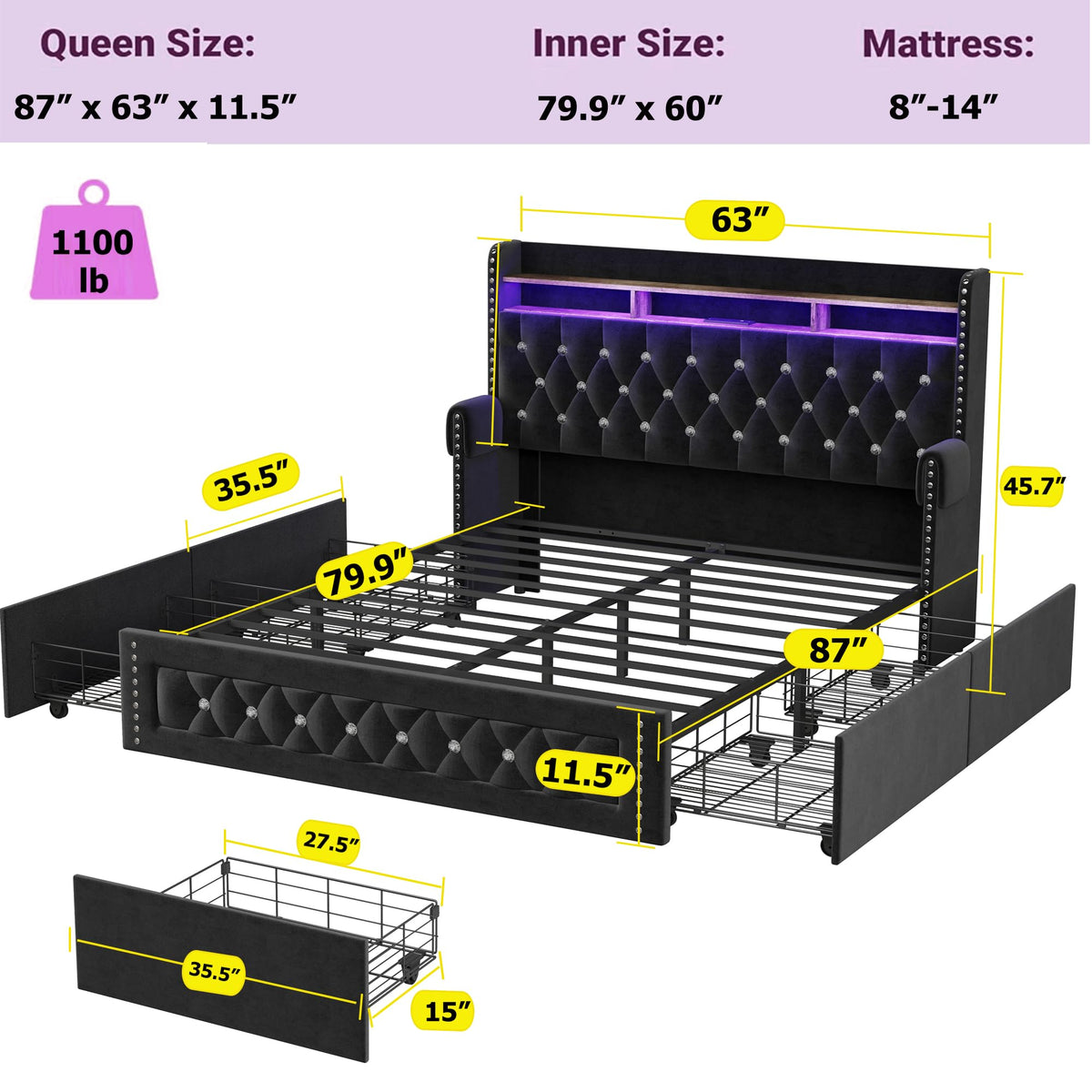 Queen Size Velvet Upholstered Platform Bed with 4 Storage Drawers W22970