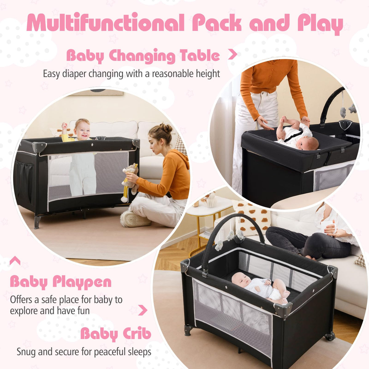 4 in 1 Folding Playpen with Bassinet and Carry Bag Z386317