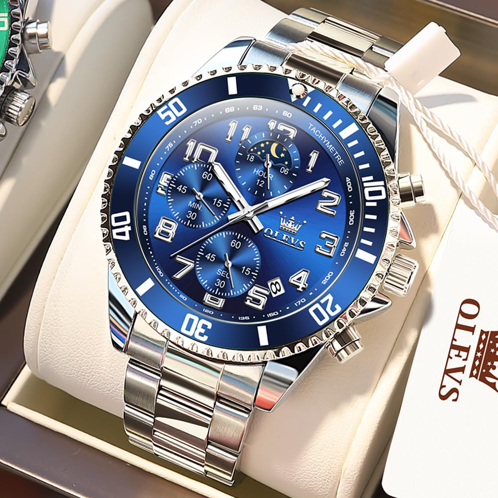 Mens Chronograph Moon Phase Two Tone Stainless Steel Waterproof Luminous Wrist Watch U918