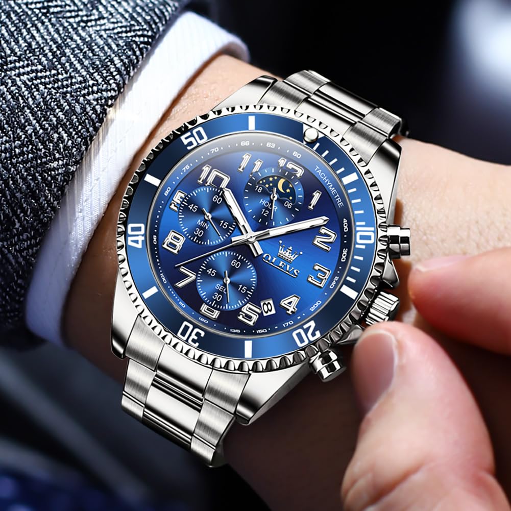 Mens Chronograph Moon Phase Two Tone Stainless Steel Waterproof Luminous Wrist Watch U918