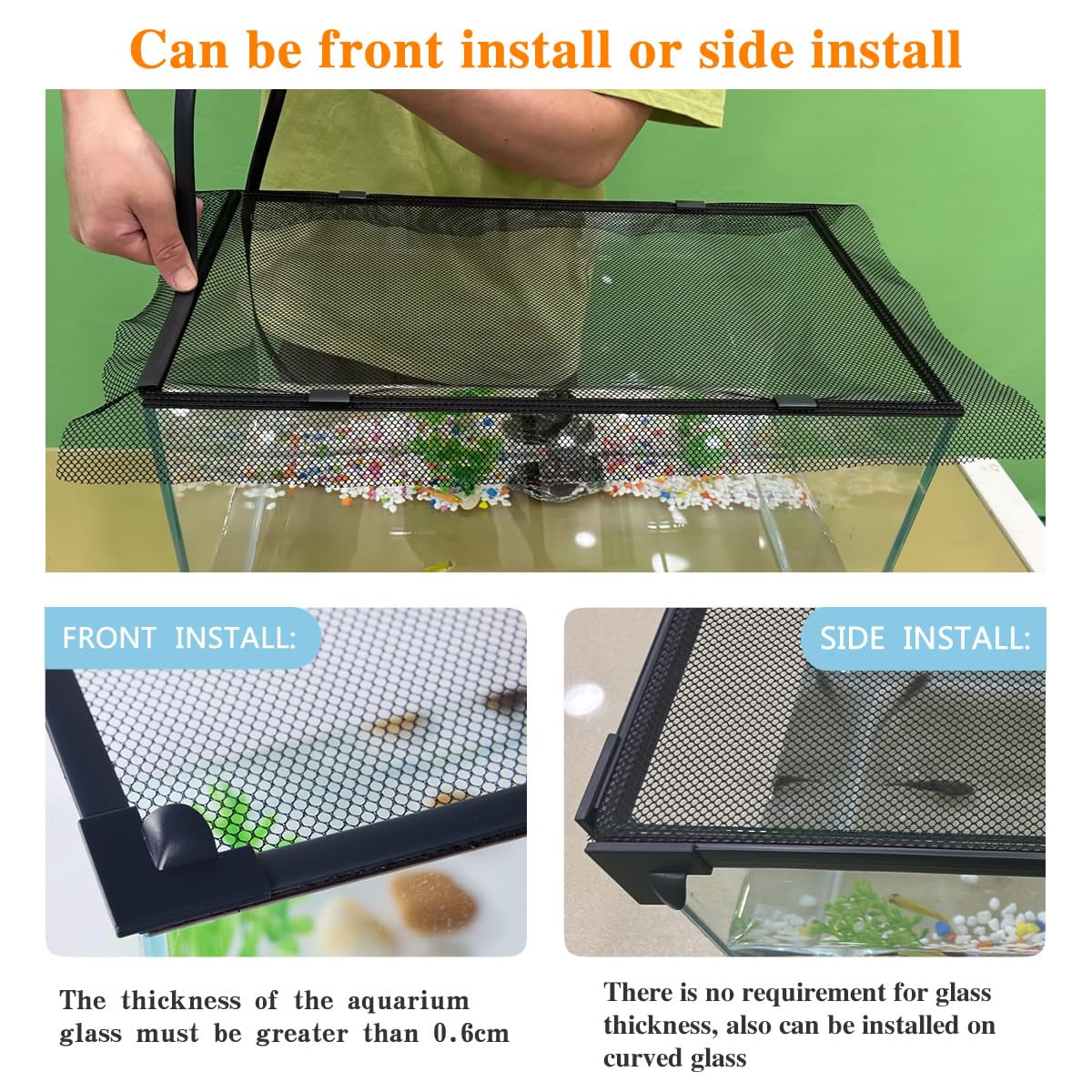 Magnetic Fish Tank Cover with Feeding Window Dark Grey Frame Grey Fiberglass Net C83622